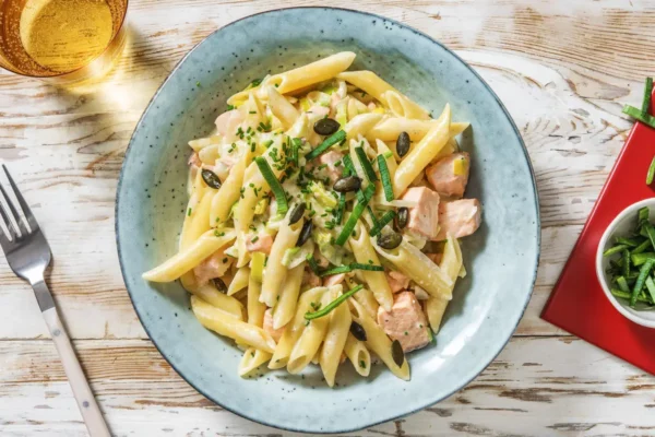 Penne rigate aux 2 saumons, crème safranée